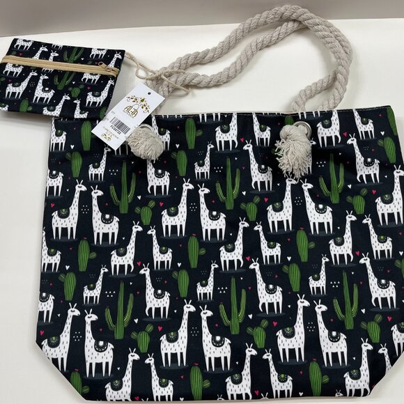 Llama & Cactus / Heart Tote & Zip Pouch/Wallet - Navy/ White/Green - NWT - Picture 6 of 9
